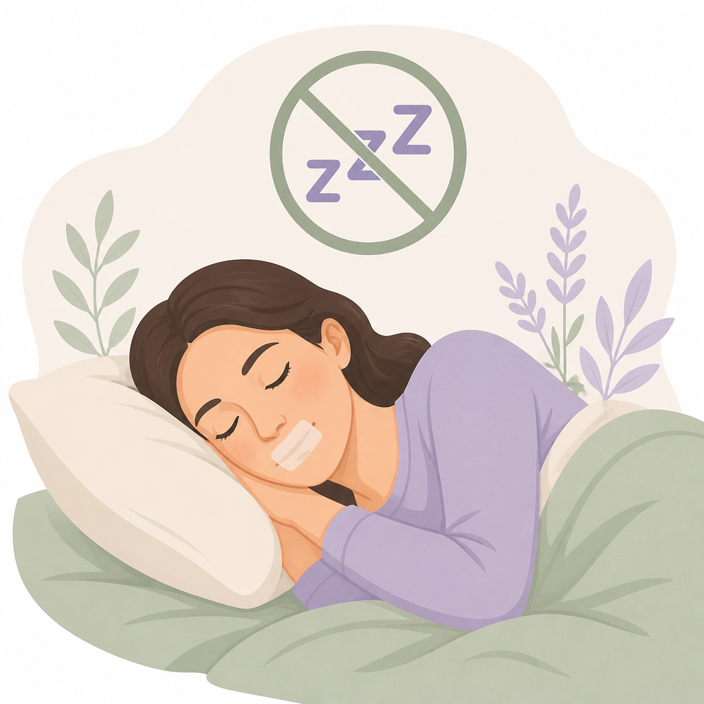 Illustrazione di una persona che dorme serenamente con un cerotto sulle labbra e il simbolo ZZZ barrato, a rappresentare il russamento superato
